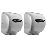 Sleek stainless steel MAXBLAST hand dryers with a modern design, featuring a black logo and smooth, polished surface