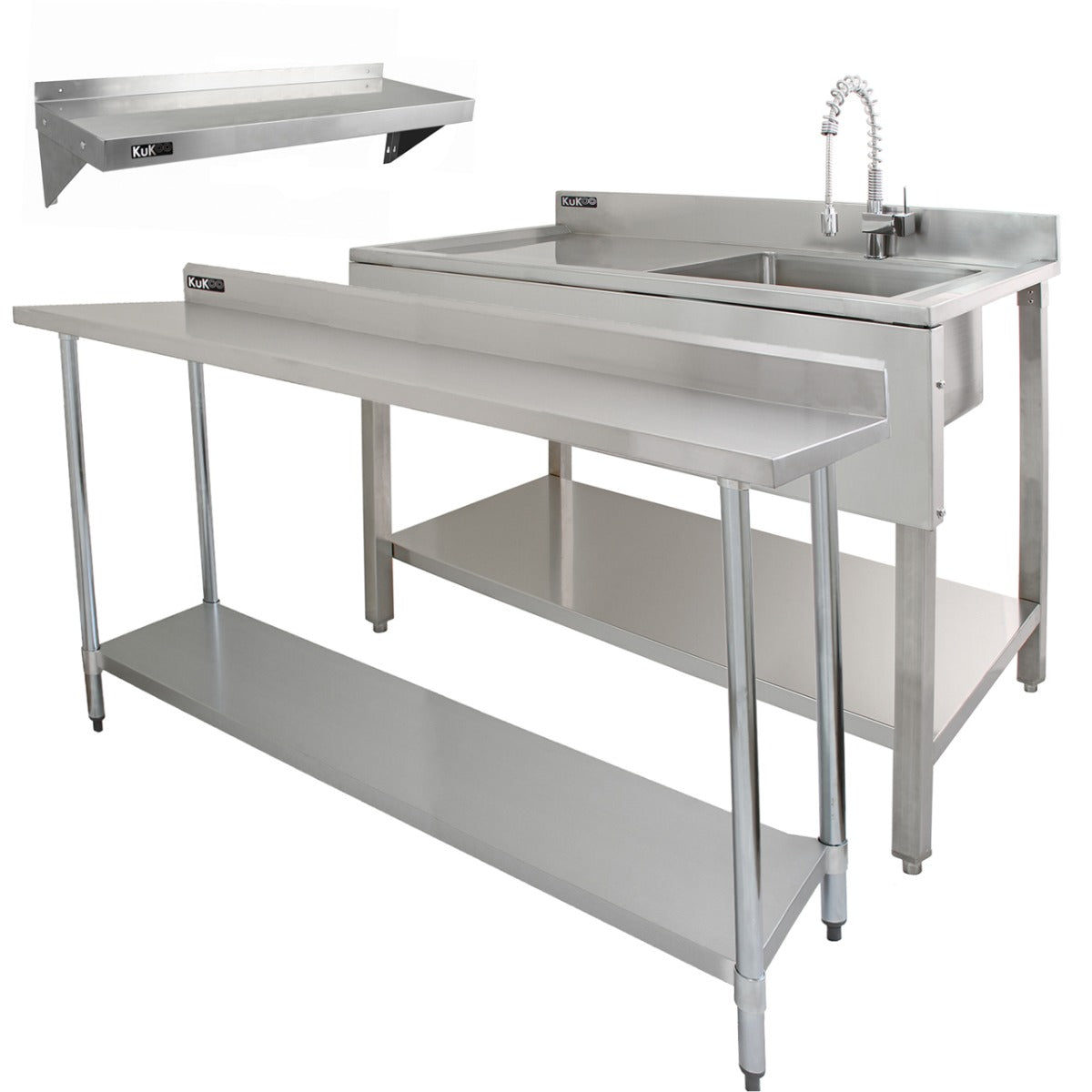 6ft Stainless Steel Catering Bench, Stainless Steel Sink - Left Hand Drainer & 2 x Wall Mounted Shelves