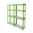 Water-resistant greenhouse racking in vibrant green, featuring four sturdy shelves with a smooth white surface for easy cleaning and organization