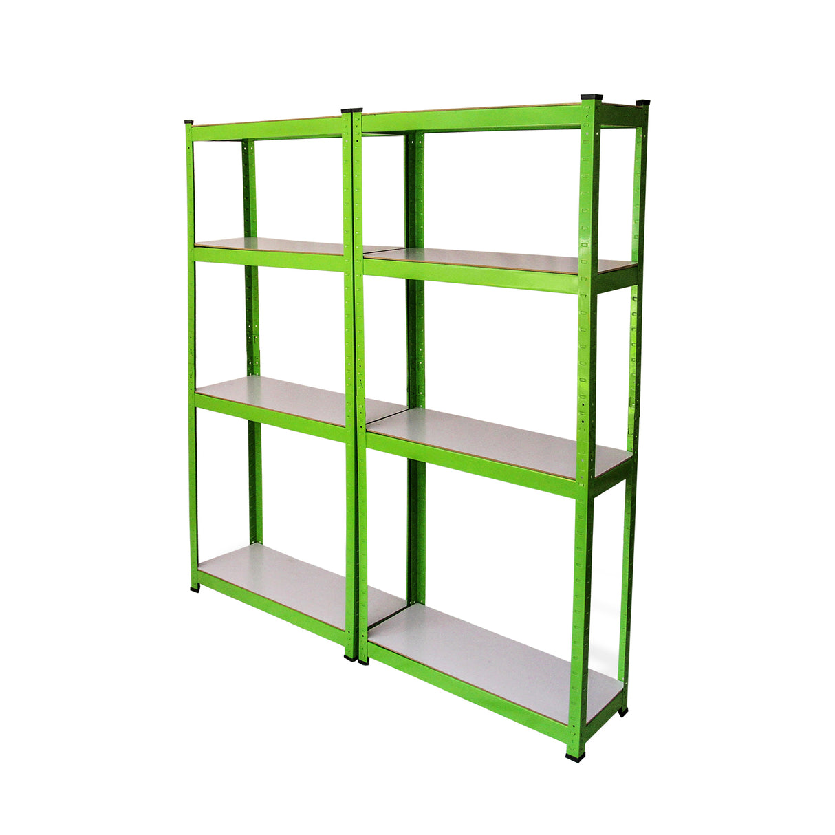 Water-resistant greenhouse racking in vibrant green, featuring four sturdy shelves with a smooth white surface for easy cleaning and organization