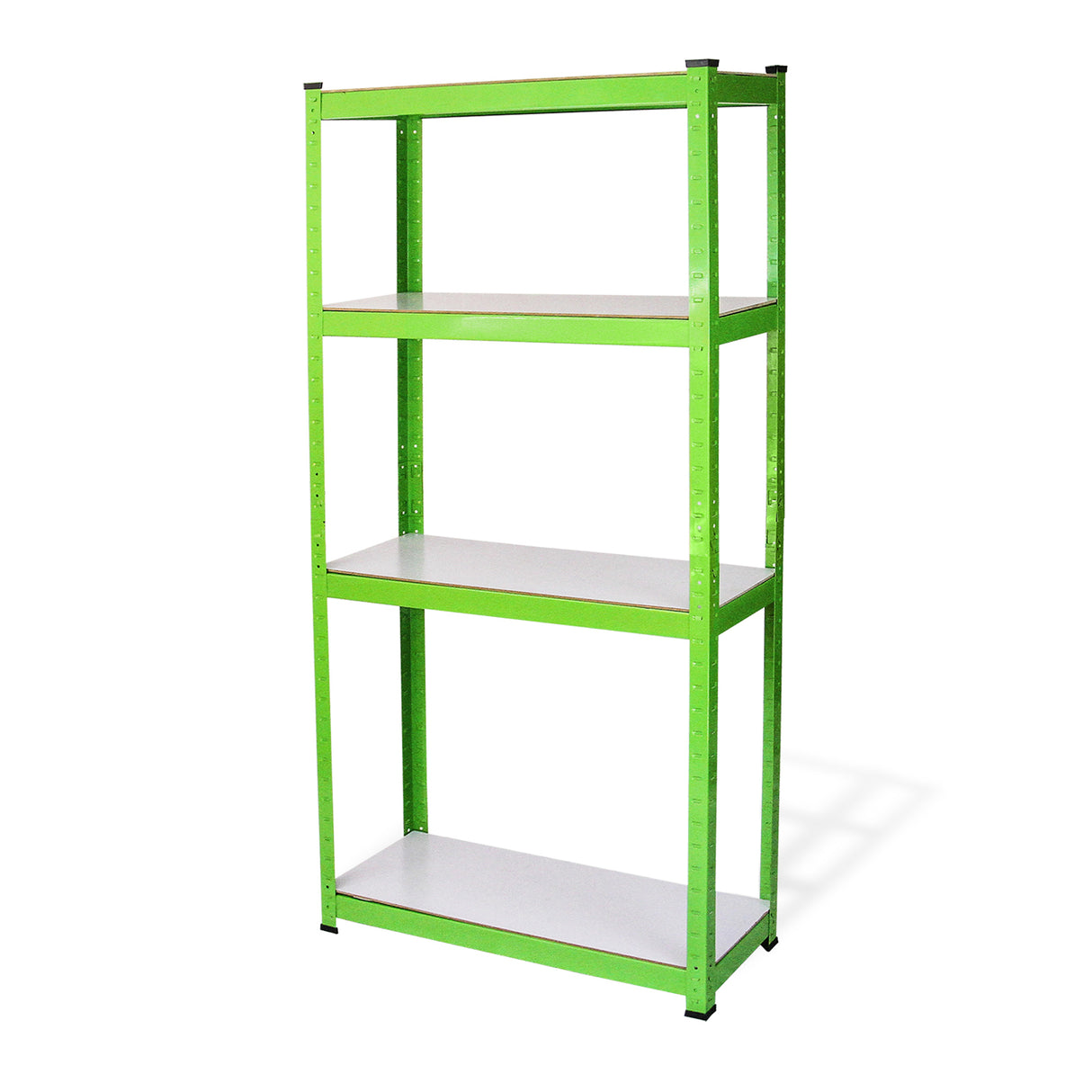 Water-resistant greenhouse racking in vibrant green, featuring four sturdy shelves with a smooth white surface for organizing plants and supplies
