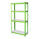 Water-resistant greenhouse racking in vibrant green, featuring four sturdy shelves with a smooth white surface for organizing plants and supplies