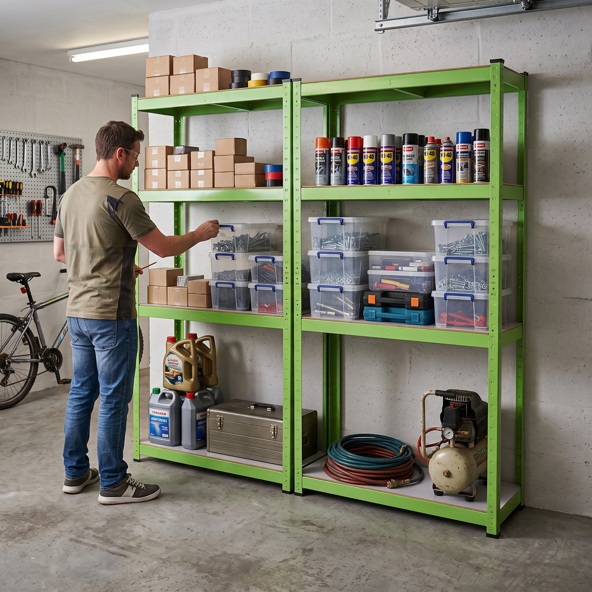 Two green, water-resistant racking units in a garage, filled with storage boxes, tools, and spray cans, with a person organizing items