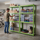 Two green, water-resistant racking units in a garage, filled with storage boxes, tools, and spray cans, with a person organizing items