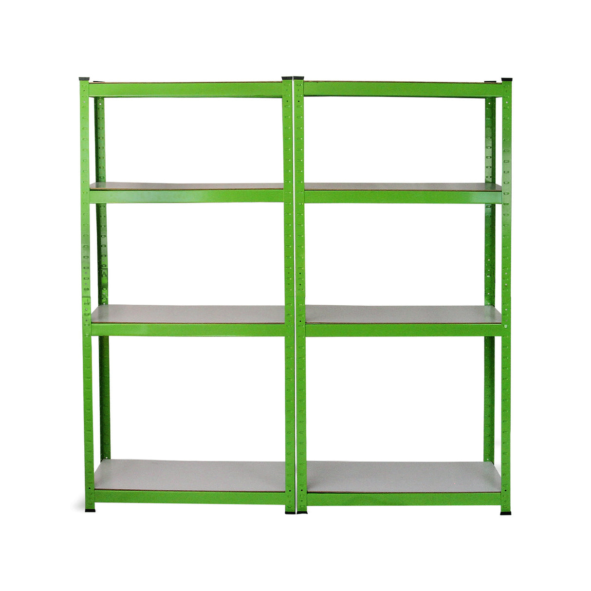 Water-resistant greenhouse racking in vibrant green, featuring four sturdy shelves with a smooth gray surface for optimal storage