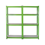Water-resistant greenhouse racking in vibrant green, featuring four sturdy shelves with a smooth gray surface for optimal storage