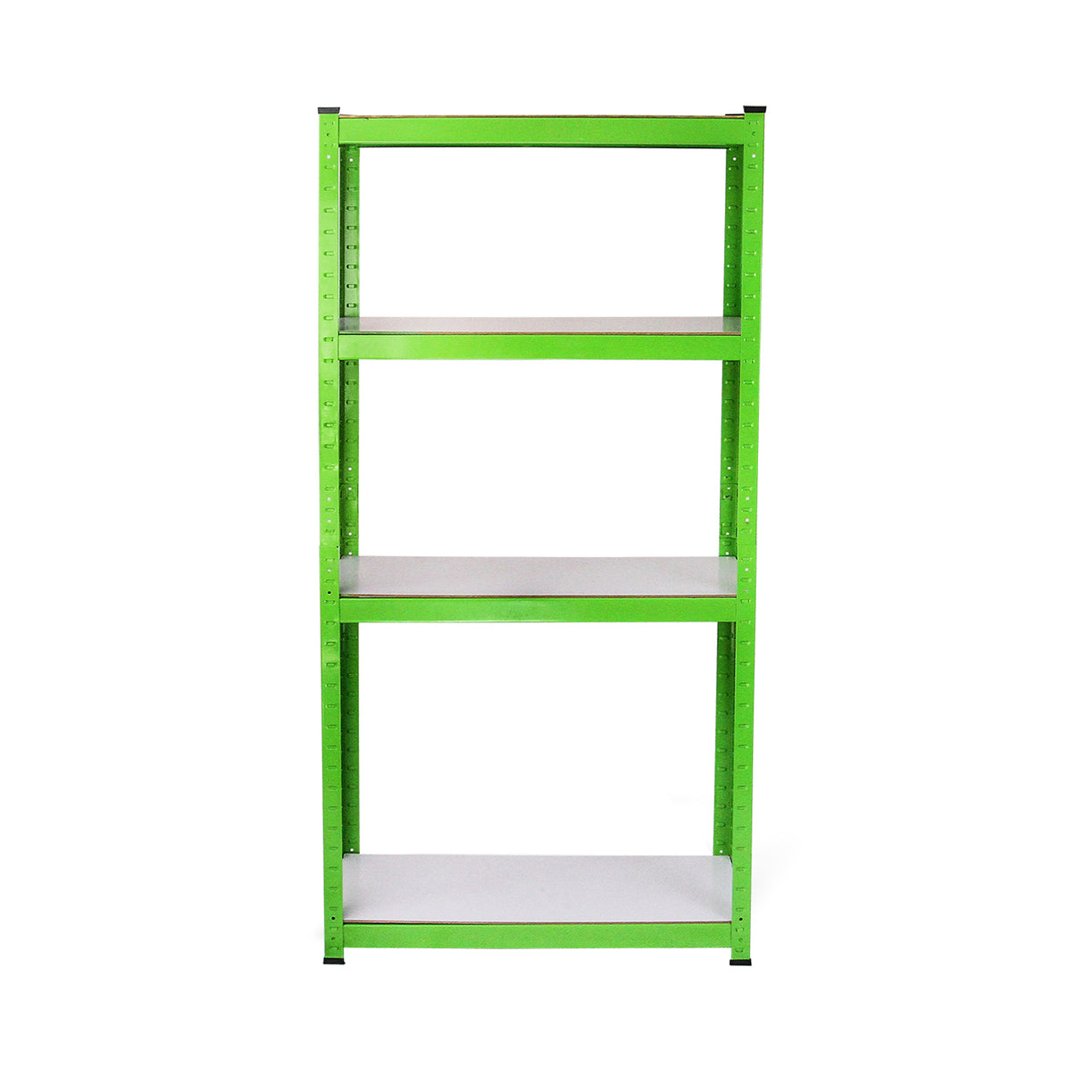 Water-resistant greenhouse racking in vibrant green with four sturdy shelves, featuring a sleek metal frame and smooth white surfaces