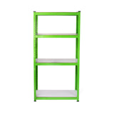 Water-resistant greenhouse racking in vibrant green with four sturdy shelves, featuring a sleek metal frame and smooth white surfaces