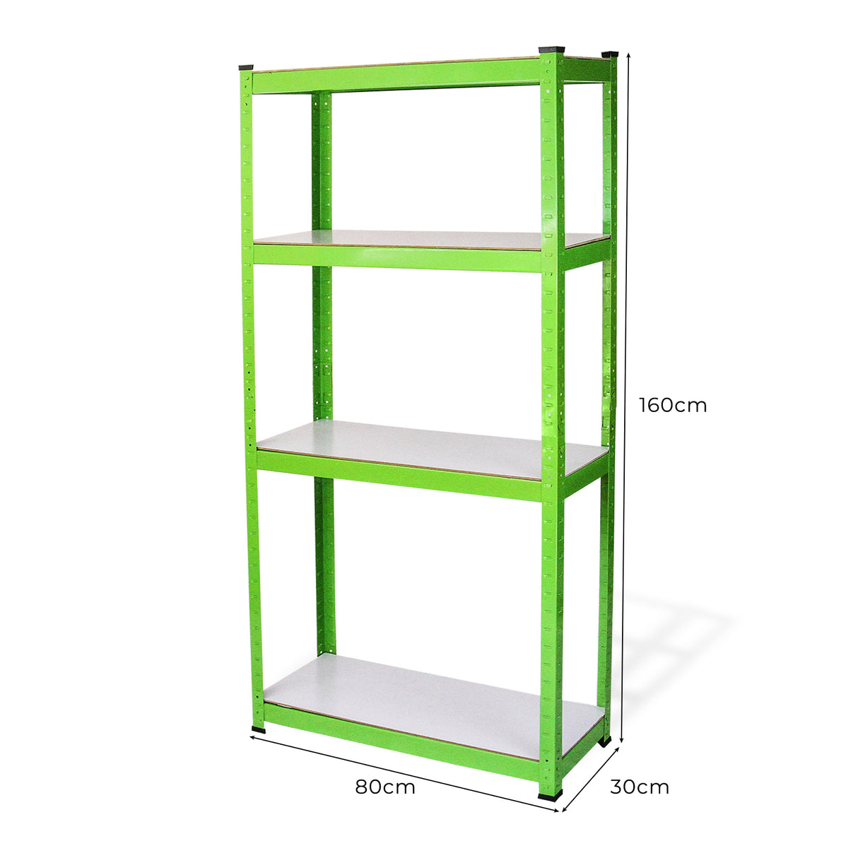 Water-resistant greenhouse racking in vibrant green, featuring three sturdy shelves, measuring 160cm tall, 80cm wide, and 30cm deep