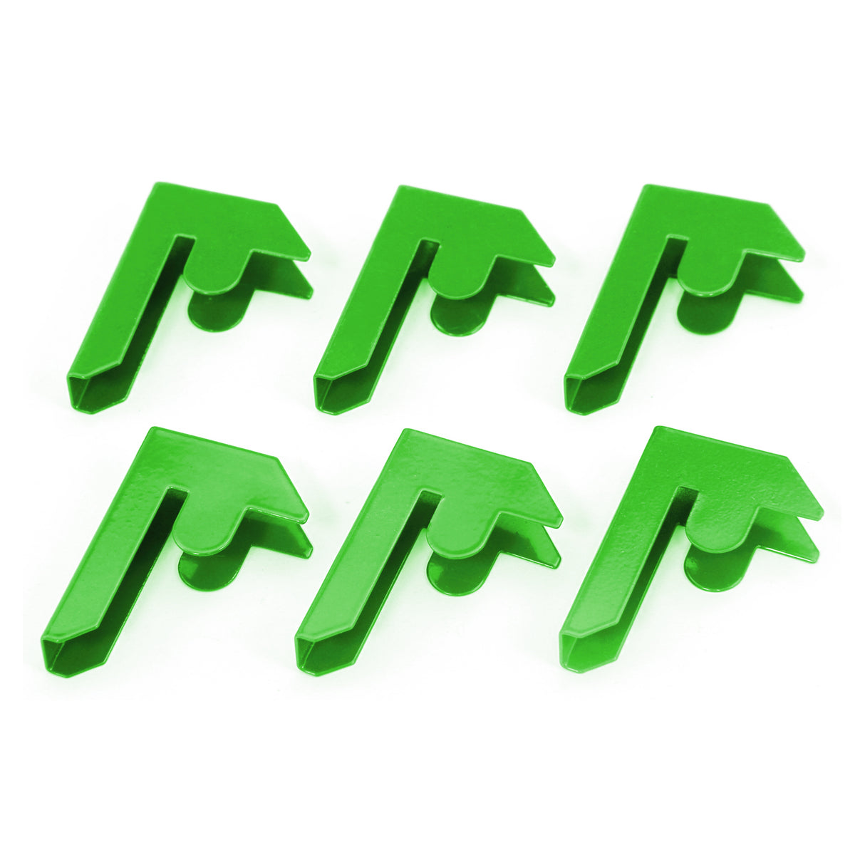 Set of six green, water-resistant greenhouse racking clips with a sturdy plastic design, ideal for securing plants and supports