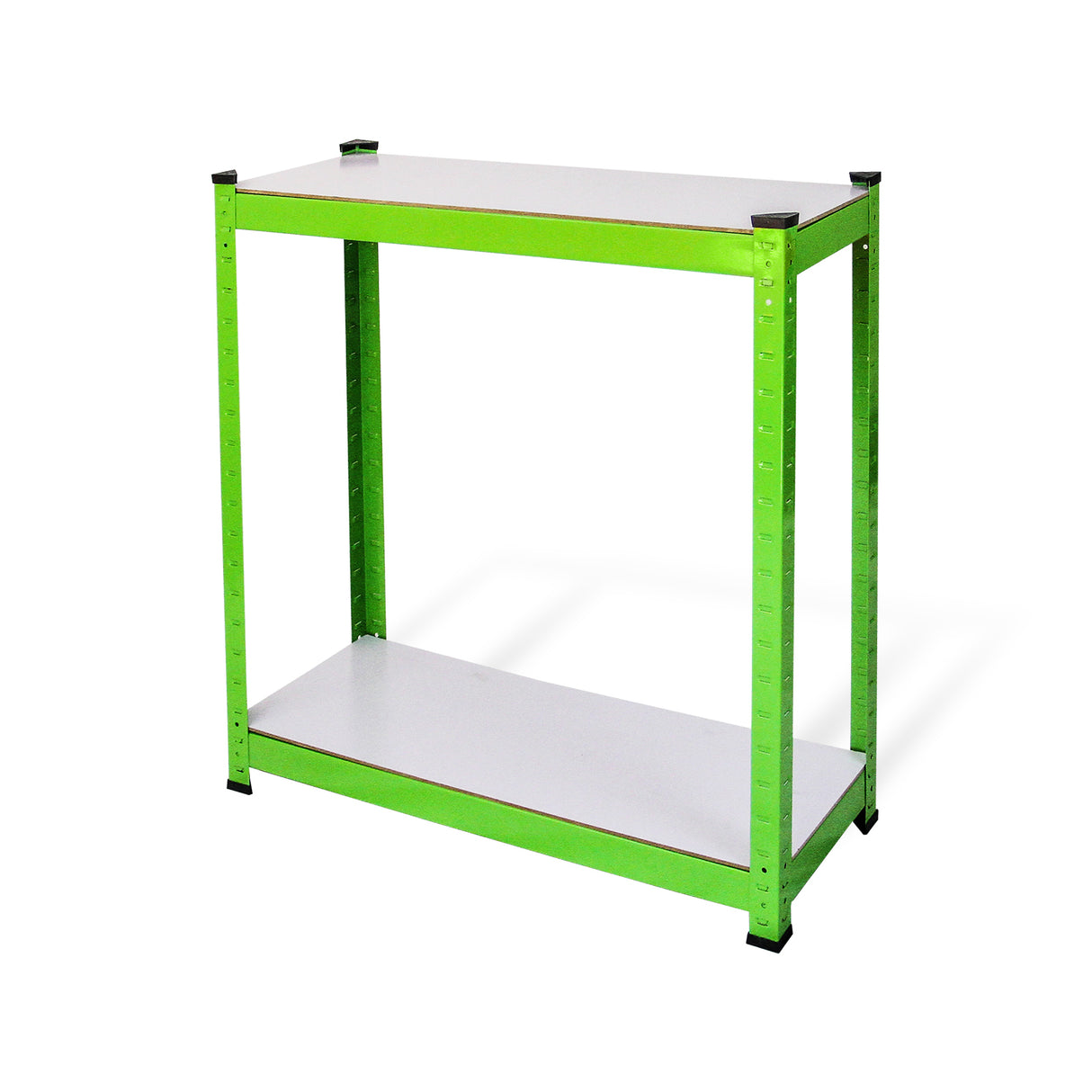 Water-resistant racking in vibrant green metal with a sturdy white shelf, ideal for greenhouse organization and plant display