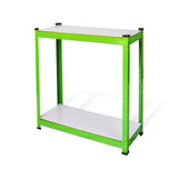 Water-resistant racking in vibrant green metal with a sturdy white shelf, ideal for greenhouse organization and plant display