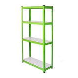 Bright green, water-resistant racking with four sturdy shelves, ideal for organizing plants and gardening supplies in a greenhouse