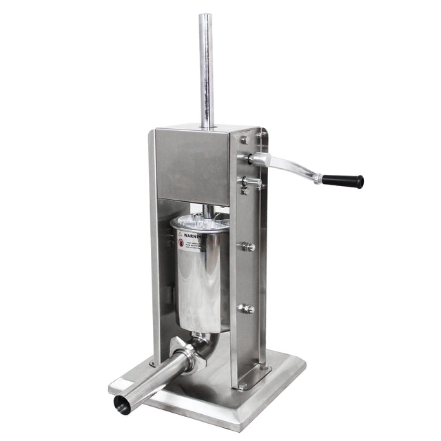 Stainless steel 3-litre sausage stuffer with a sturdy base, vertical design, and a hand crank for easy operation