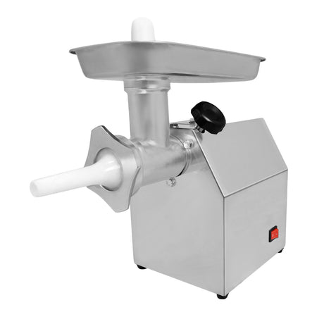 Stainless steel commercial meat grinder with a large feeding tray, white plastic auger, and a sleek, compact design for easy use