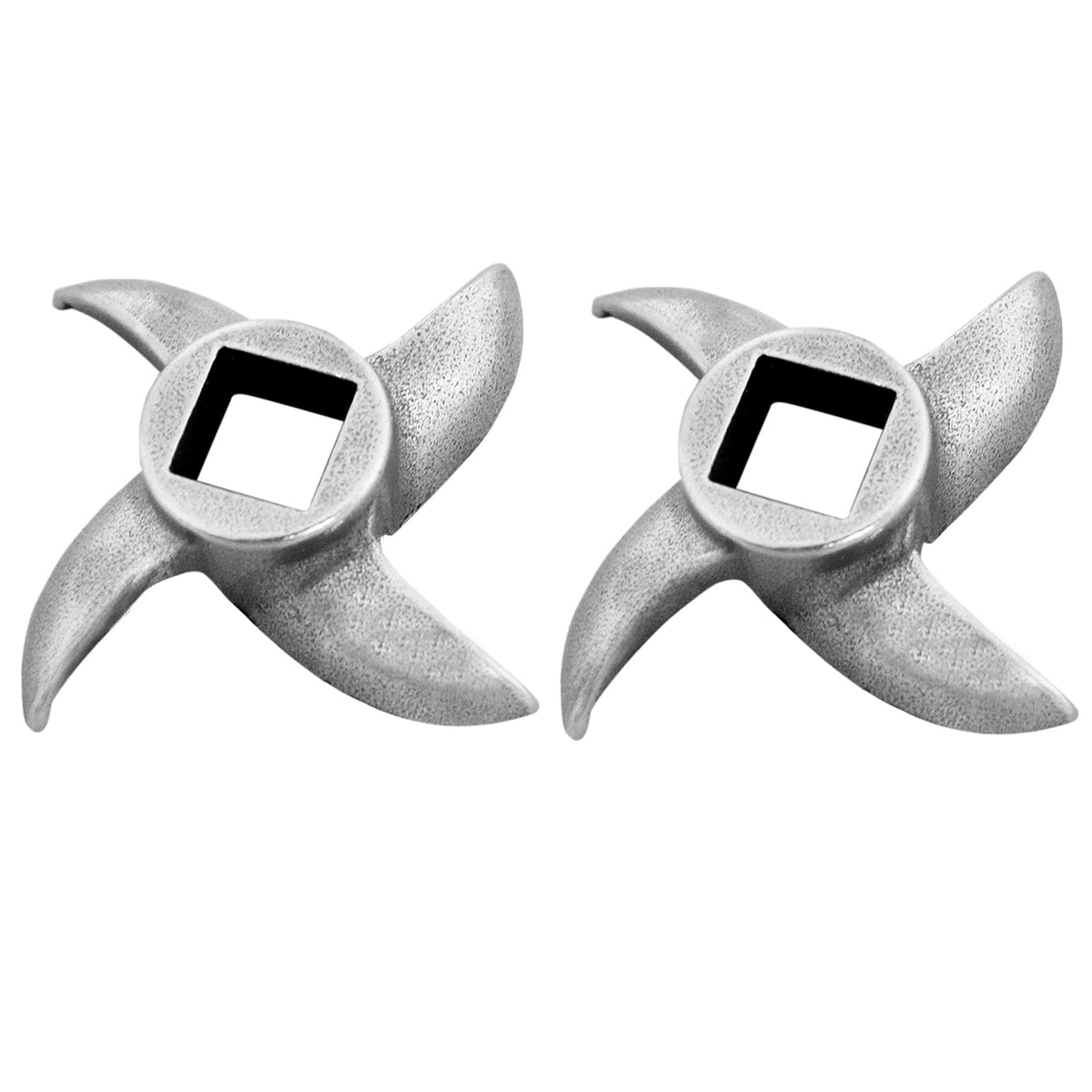 Two stainless steel meat grinder blades with a textured surface and a square center, designed for efficient meat processing
