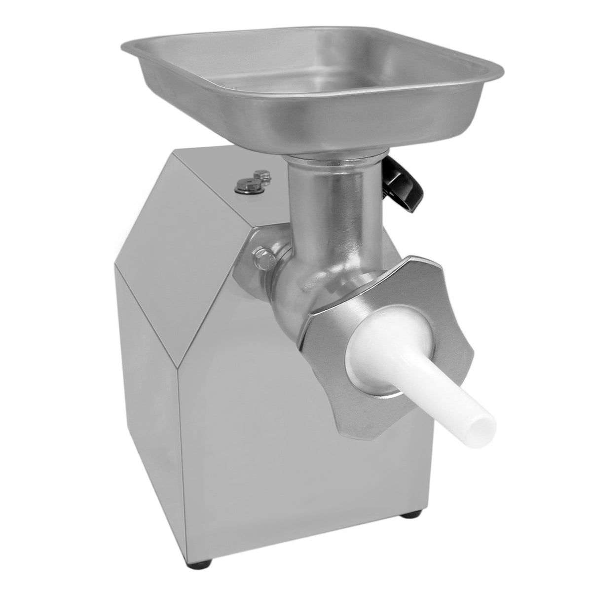 Stainless steel commercial meat grinder with a square feeding tray, sleek body, and a sturdy white plastic output tube