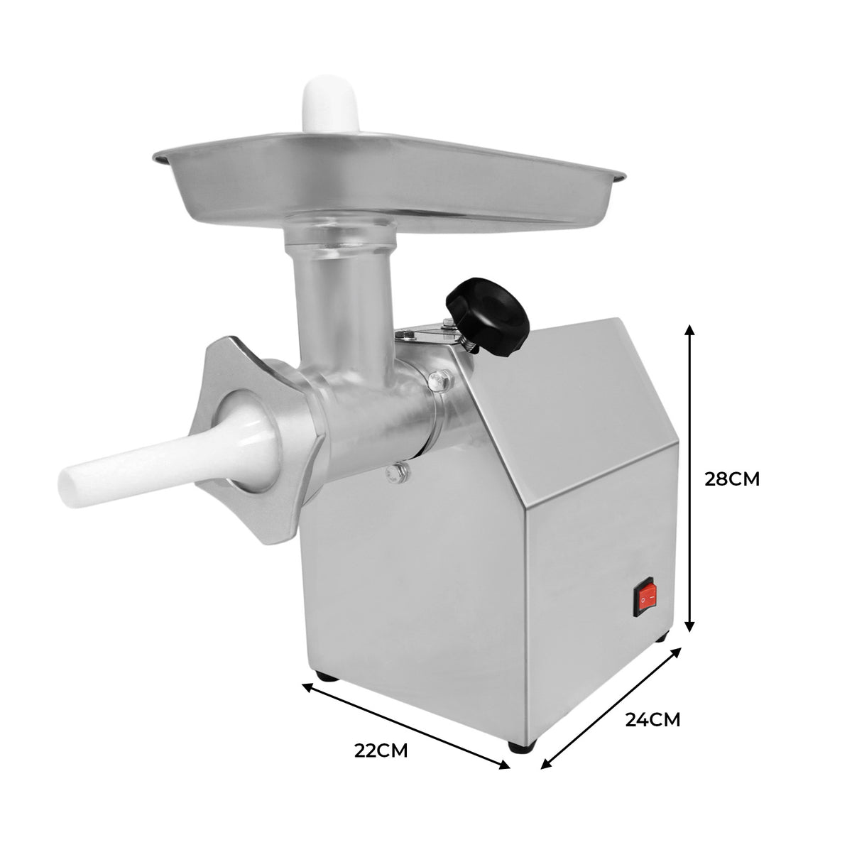 Stainless steel KuKoo commercial meat grinder with a large feeding tray, compact design, and adjustable settings for efficient grinding