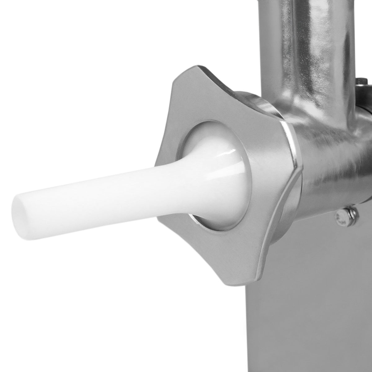 Stainless steel KuKoo commercial meat grinder with a white plastic feeding tube, showcasing durable construction and sleek design