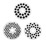 Three stainless steel grinding plates for KuKoo Commercial Meat Grinder, featuring varying hole sizes for different meat textures