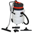 90L Maxblast industrial vacuum with a black and orange top, large white tank, flexible hose, and multiple attachments for wet and dry cleaning