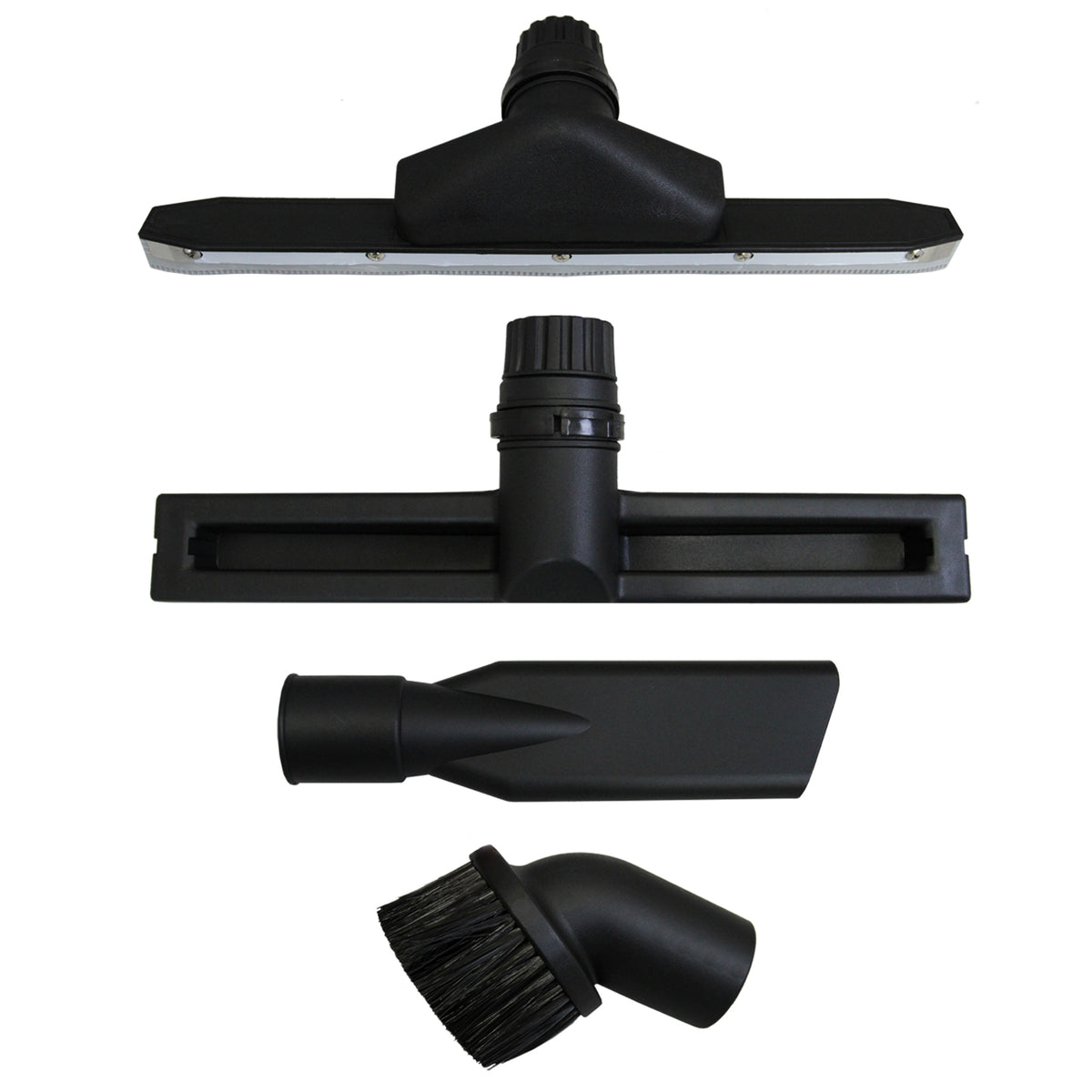 Four black vacuum attachments for the 90L Maxblast Industrial Vacuum, including a floor tool, crevice tool, and brush nozzle, showcasing durable plastic construction