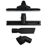 Four black vacuum attachments for the 90L Maxblast Industrial Vacuum, including a floor tool, crevice tool, and brush nozzle, showcasing durable plastic construction