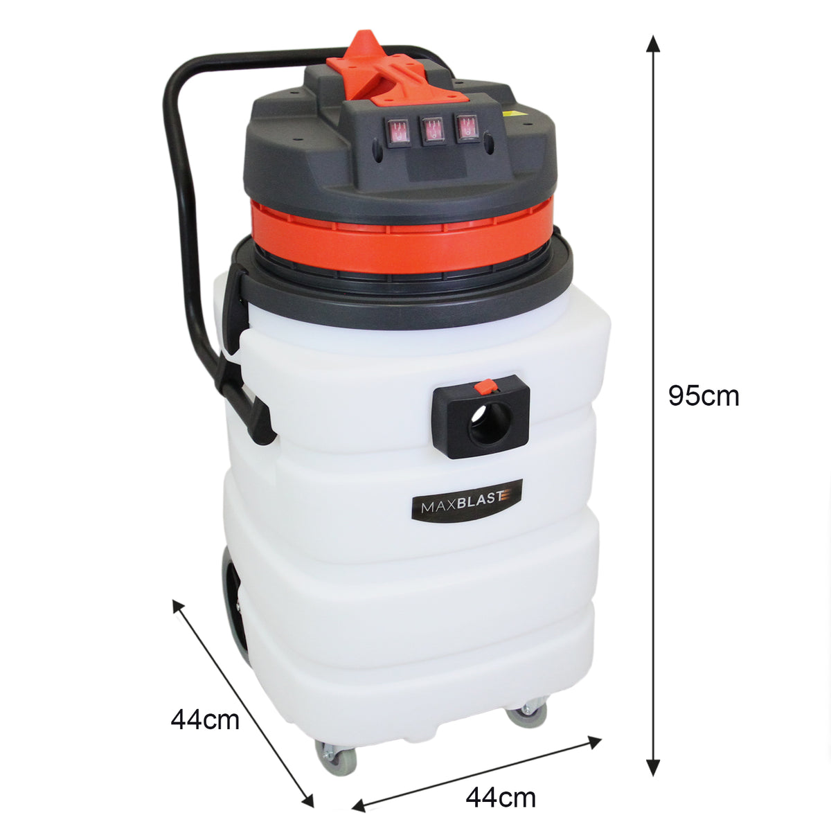 90L Maxblast industrial vacuum with a white body, red accents, and black handle, designed for wet and dry cleaning, featuring wheels for mobility
