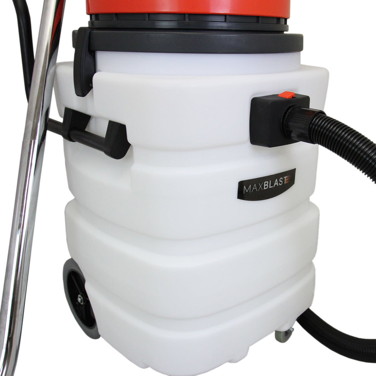 90L Maxblast industrial vacuum with a sturdy white body, red top, and flexible black hose, designed for wet and dry cleaning tasks