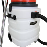 90L Maxblast industrial vacuum with a sturdy white body, red top, and flexible black hose, designed for wet and dry cleaning tasks