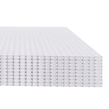 Clear polycarbonate sheets stacked neatly, showcasing a ribbed texture, ideal for a 6ft x 4ft greenhouse construction