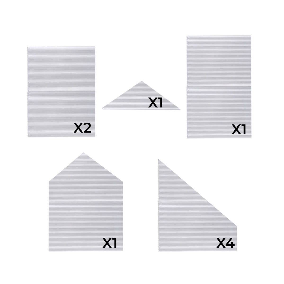 Clear polycarbonate sheets in various shapes and sizes, designed for a 6ft x 4ft greenhouse, showcasing durability and versatility
