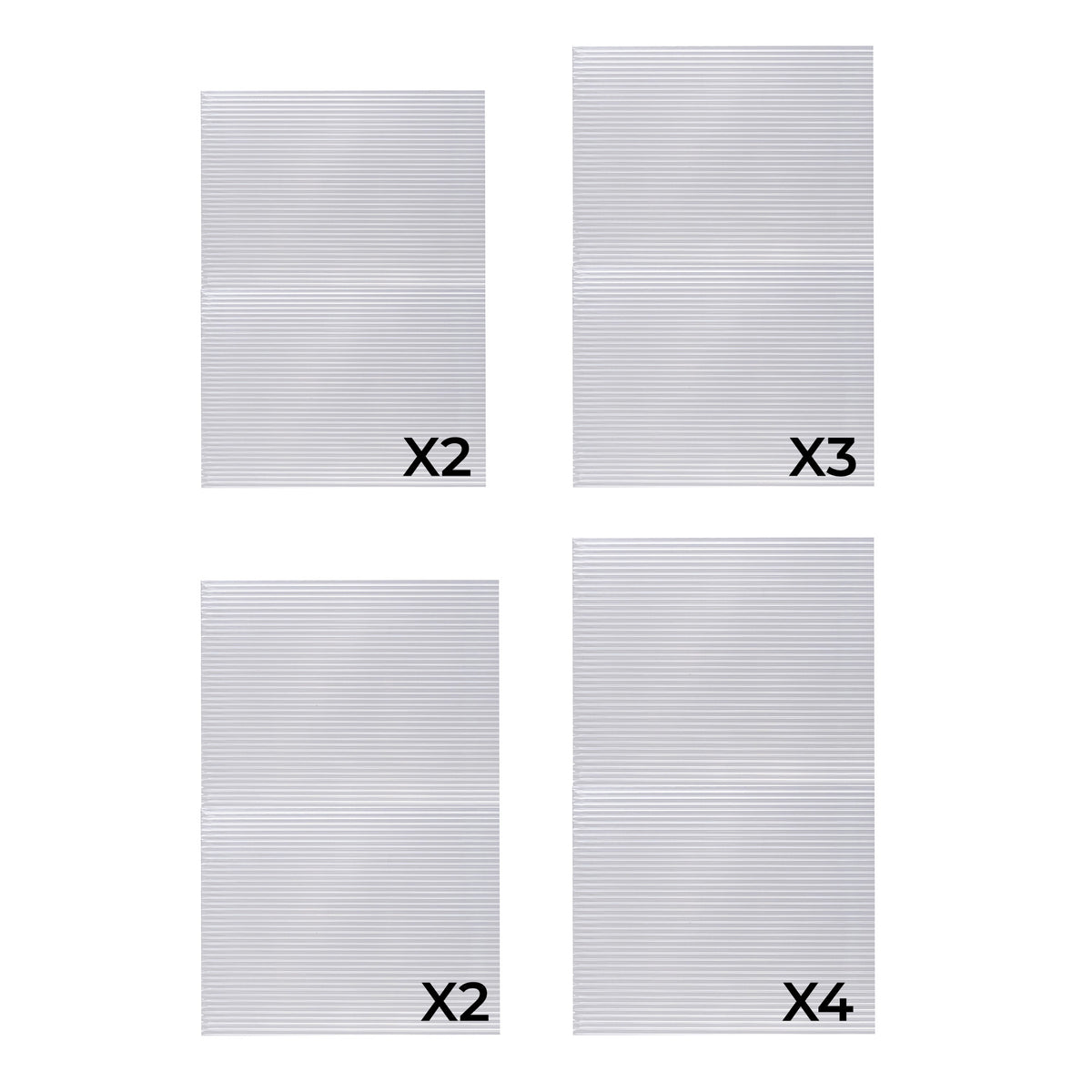 Clear polycarbonate sheets in various sizes, designed for a 6ft x 4ft greenhouse, showcasing a textured surface and lightweight design