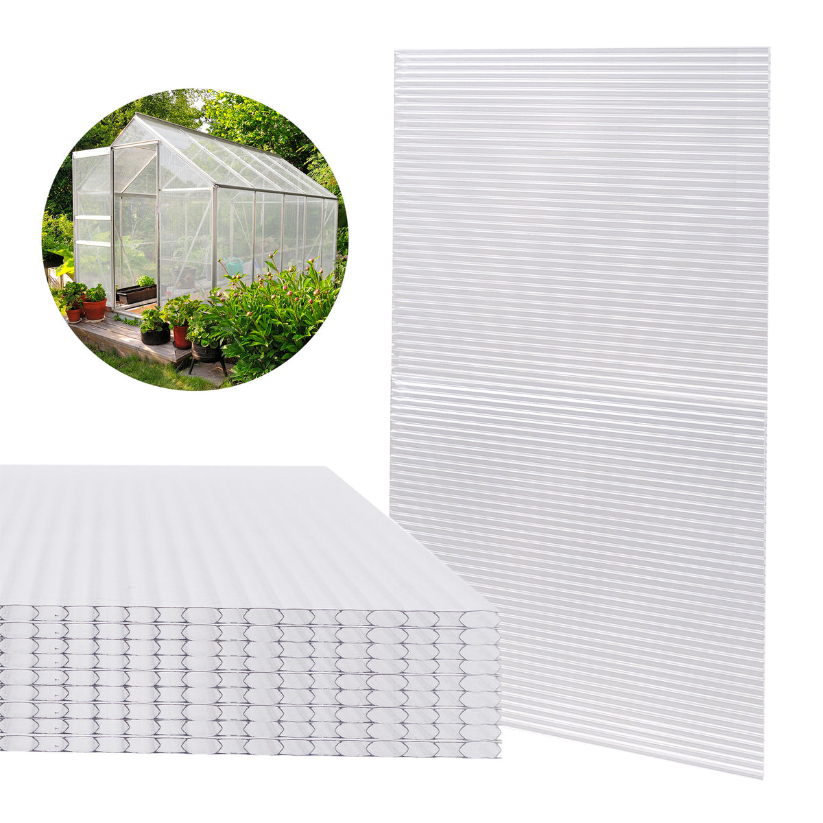Clear polycarbonate sheets stacked, designed for a 6ft x 6ft greenhouse, showcasing ribbed texture and durability for optimal light transmission