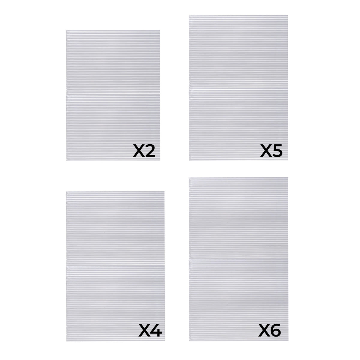 Clear polycarbonate sheets in four sizes, ideal for a 6ft x 6ft greenhouse, showcasing a ribbed texture and lightweight design