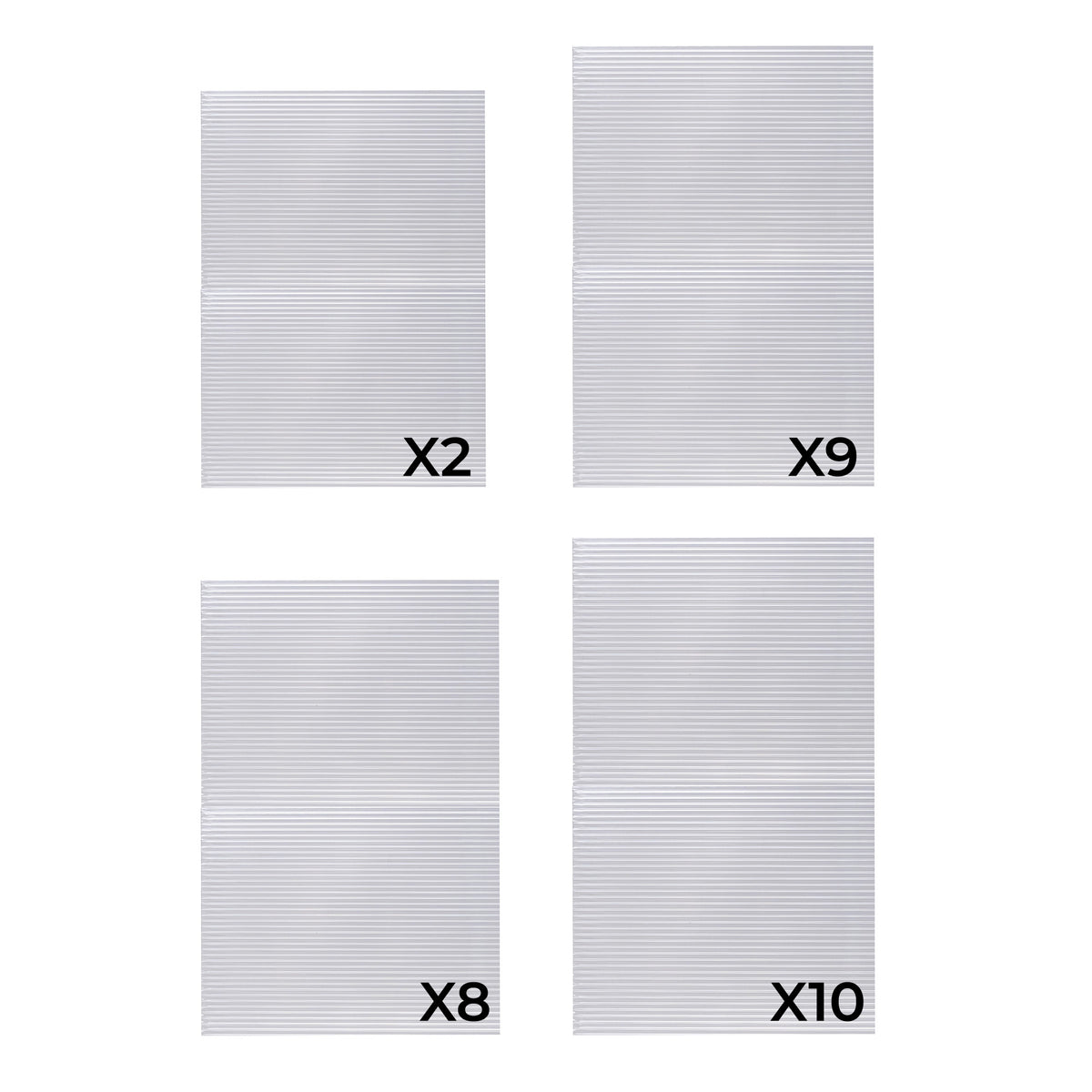 Clear polycarbonate sheets in varying sizes, ideal for greenhouse construction, showcasing a textured surface and lightweight design