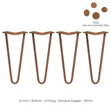 4 x 12" Hairpin Legs - 2 Prong - 10mm - Antique Copper