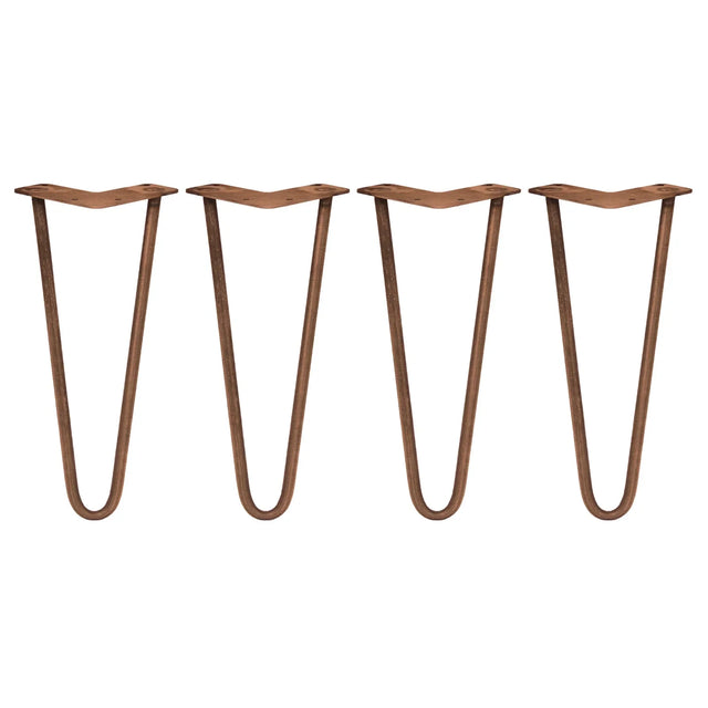 Antique copper 4 x 12" hairpin legs with a sleek, modern design and sturdy 10mm prongs, perfect for DIY furniture projects