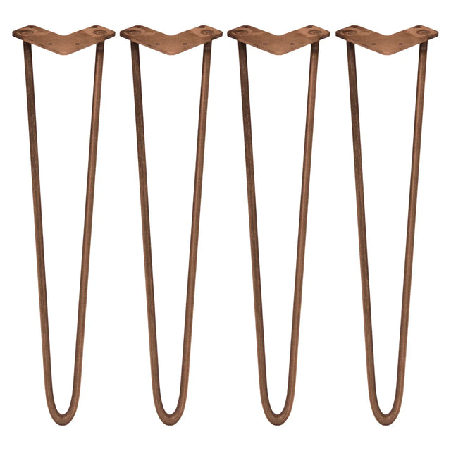 Antique copper hairpin legs set of four, 28 inches tall, featuring a sleek 2-prong design and smooth, durable metal finish