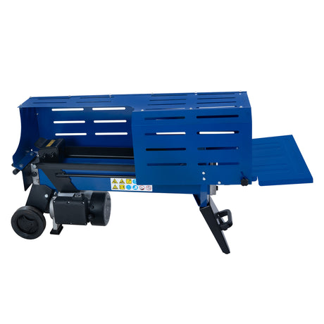 Electric log splitter in vibrant blue, featuring a robust metal body, large wheels for mobility, and a slotted design for airflow