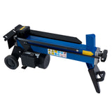 Electric log splitter in blue and black, featuring a sturdy frame, wheels for mobility, and a powerful motor for efficient wood splitting