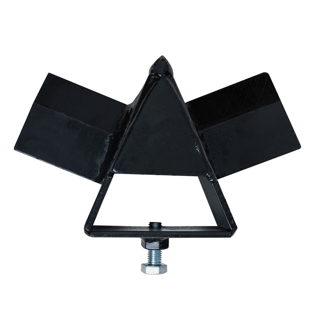 Black steel log splitter attachment with a triangular shape and two wide, flat wings for efficient wood splitting, featuring a central bolt for secure mounting