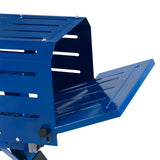 Bright blue metal electric log splitter with a spacious loading area, featuring slotted sides for easy log placement and stability