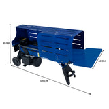 Electric log splitter in vibrant blue, featuring a sturdy metal frame, slotted design for ventilation, and dimensions of 120 cm by 61 cm by 40 cm