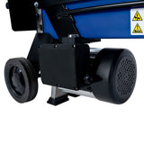 Close-up of the T-Mech 7T log splitter's sturdy black motor, blue frame, and durable wheels, showcasing its robust design and functionality