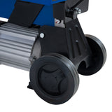Close-up of the sturdy wheels and base of a 5T electric log splitter, featuring a sleek blue body and durable metal components