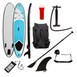 Stand-up paddleboard with blue and white design, black backpack, pump, paddle, safety whistle, and phone case, all on a white background