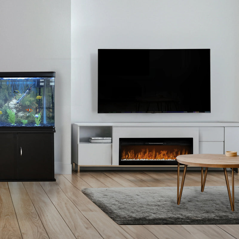 Modern living room featuring a sleek black TV, a cozy electric fireplace, a stylish coffee table, and a vibrant fish tank