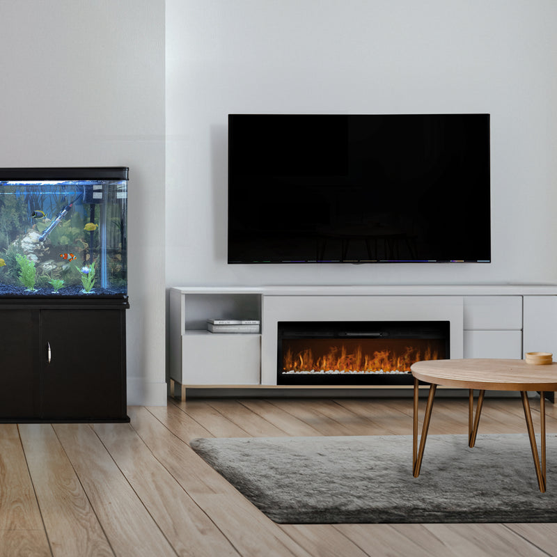 Modern living room featuring a sleek black TV, a cozy electric fireplace, a wooden coffee table, and a vibrant fish tank with colorful fish