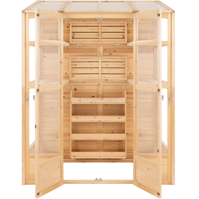 Wooden storage cabinet with multiple shelves, clear glass doors, and a natural finish, ideal for organizing and displaying items